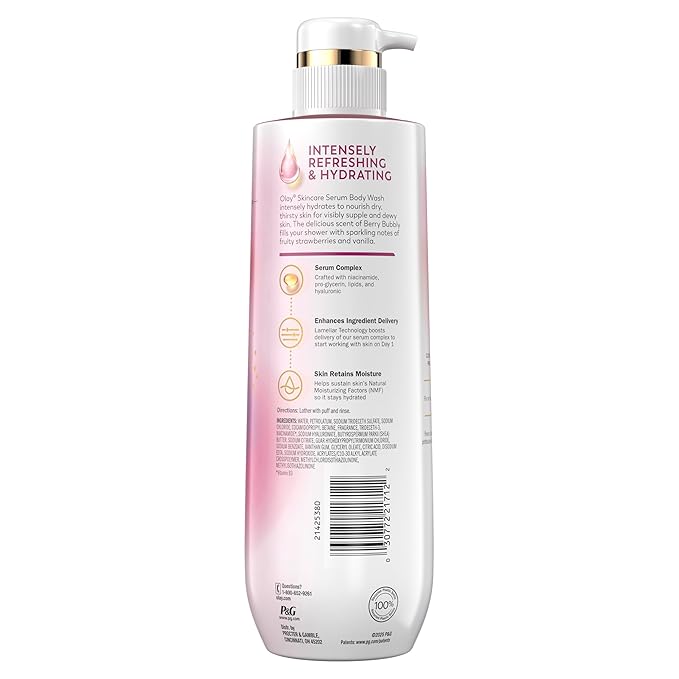 Olay Body Wash for Women, Intensely Hydrating, Pro-Hyaluronic Acid Serum Complex, Renews Moisture, Vitamin B3 Lameller Technology, For All Skin Types, Berry Bubbly Scent, 20 fl oz