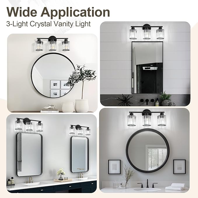 Crystal Bathroom Light Fixtures, Bathroom Lighting Fixtures Over Mirror, Modern Black 3-Light Vanity Lights for Mirror, Restroom, Bedroom (Ceramic E26 Socket,Bulbs Not Include)