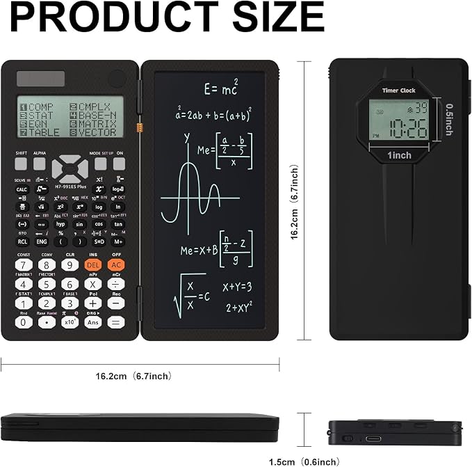 Scientific Calculators, Rudnia Solar Calculator with Alarm Clock, 417 Functions and Type-C Rechargeable, Ideal for Middle High School Students and Teachers (Black)