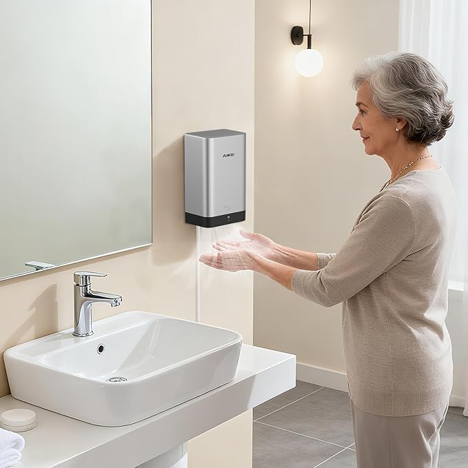 AIKE Compact Hand Dryer for Home Bathroom, Cover ABS Polycarbonate Design, 110V Silver Model AK2822