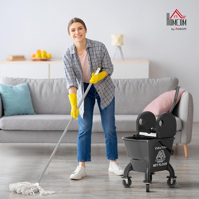 HOMCOM Mop Bucket with Wringer on Wheels, 27.5 Quart, with Mop, Black | Down Press Wringer, Handle and Mop, Floor Cleaning