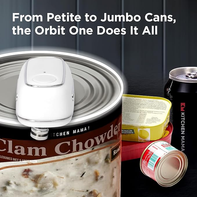 Kitchen Mama Orbit One Rechargeable Electric Can Opener, White | Hands-free, USB-C Charging, Automatic Stop, Smooth Edge, Storage Box