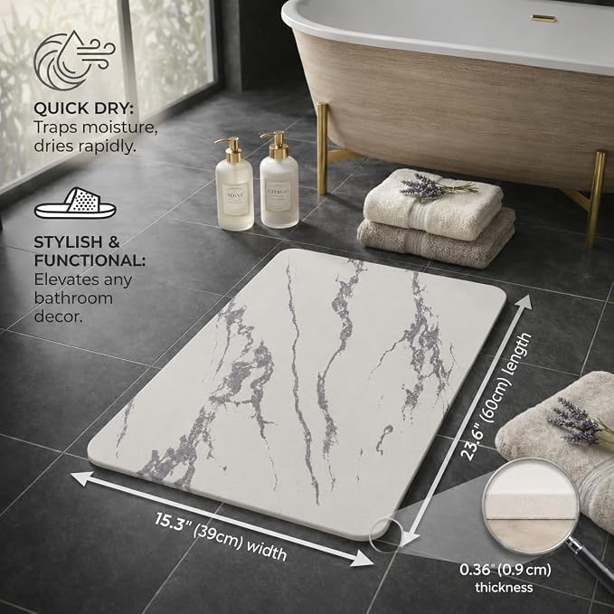 Stone Bath Mat – Diatomaceous Earth Quick Drying Non-Slip Bathroom Mat – Absorbent Diatomite Shower Mat, Durable & Easy to Clean, Modern, 23.6" x 15.3" (2 Pack White Marble)