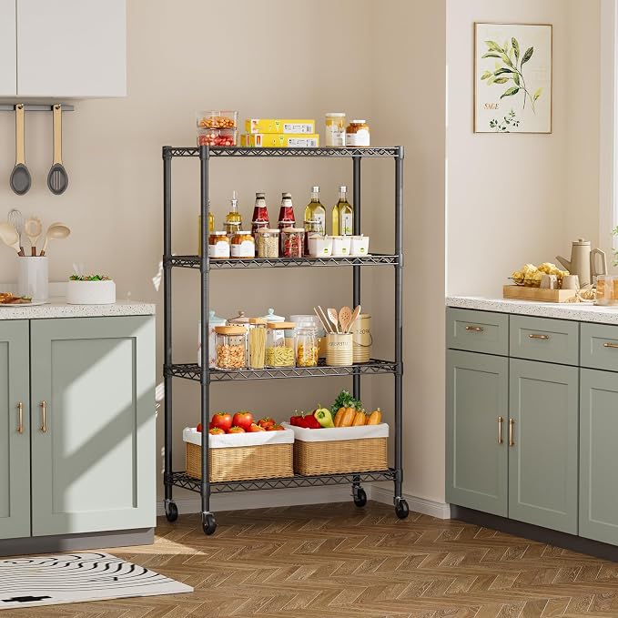 Golpart 4 Tier Shelves Storage Shelf Wire Closet Bathroom Organizers Metal Pantry Kitchen Garage Shelving Unit Laundry Room Organization Home Rack Net Basket Black with Wheels 14”D X 36”W X 58”H