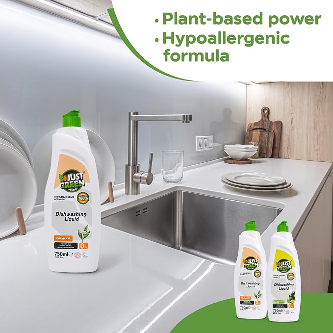 Dish Soap, Plant-Based Dishwashing Liquid, Non-Toxic, Hypoallergenic, EcoCert Certified, Vegan, Grease-Cutting, Orange Scent, 25.3 fl oz (750 ml) - 3 Pack