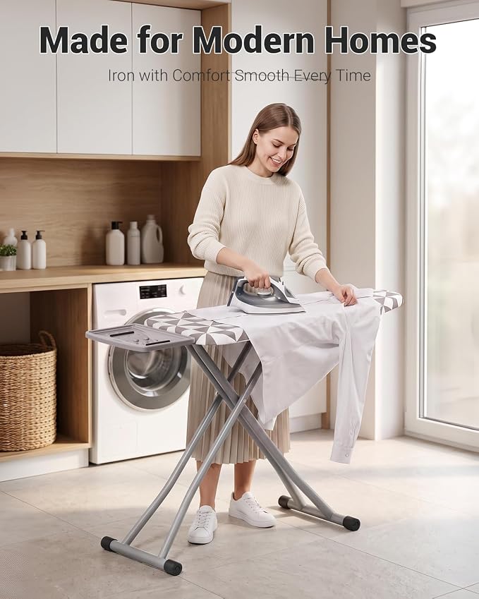 Ironing Board Full Size Wide Ironing Boards Adjustable with Cover and Pad | 5 Adjustable Heights, Feet Adjust For Uneven Floors, Cotton Cover, Large Wide Surface, Foldable Design, Thick Tube Frame