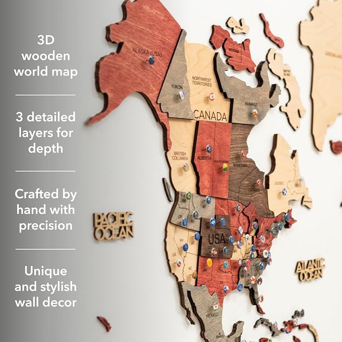 Enjoy The Wood 3D Wooden World Map Wall Art - Large Travel Map with Pins for Art Decor - Decorative Map of the World for Home, Office - Travel Wall Art Housewarming Gift Idea (Fusion, L, Unframed)