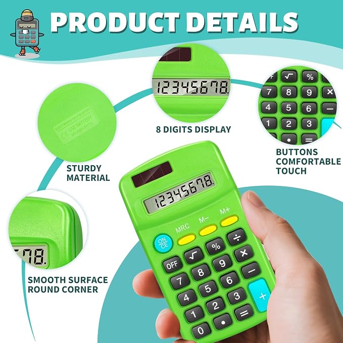 24 PCS Basic Calculators, Pocket-Size Mini with 8 Digit Display, Solar/Battery Dual Power - Bulk for Students, Classroom, Junior High, School, Home & Office (6 Colors)