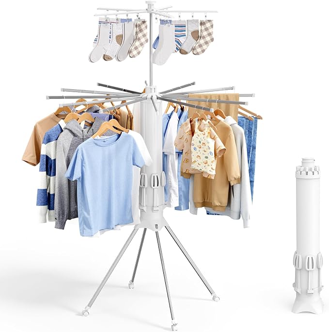 Sakugi Foldable Clothes Drying Rack – Collapsible Laundry Rack with 12 Steel Arms, 4-Leg Stable Base, Reinforced Frame with Clips & Shoe Holders for Indoor Outdoor Use, 44" D x 44" W x 71" H, White