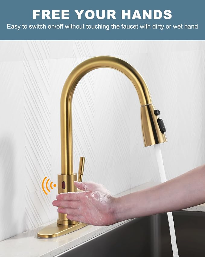 Touchless Kitchen Faucet Stainless Steel: WOWOW Smart Motion Sensor Kitchen Sink Faucet with Sprayer, Automatic Hand-Free Brushed Gold Kitchen Faucet for Sink 1 or 3 Hole