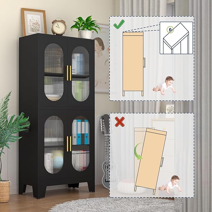 GAIOUS Black Kitchen Pantry Cabinet,Storage Cabinet with Acrylic Glass Door | and Adjustable Shelves, Metal Food Storage Cupboard, Tall Versatile Storage for Kitchen, Dining Room, Home Office and Bedroom