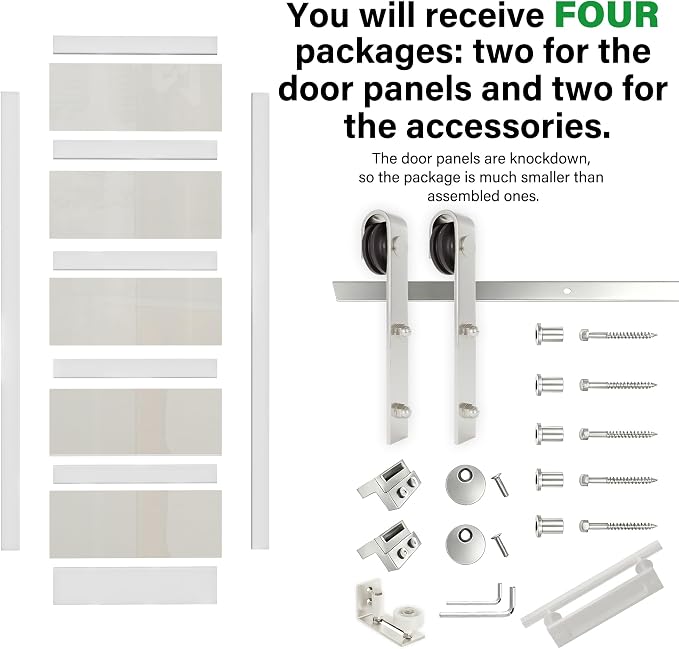 84" x 84" Double Barn Door and 14FT Brushed Nickel Hardware Kit, Sturdy & Stable Mortise and Tenon Structure, Water Resistant 5-Lites Glass Barn Doors for Bathroom, Pre-Drilled, Assembly Required