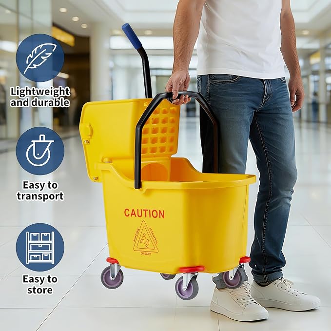 Garvee Commercial Mop Bucket with Side Press Wringer on Wheels, 35 Quart Capacity for Floor Cleaning, Kitchens, Restaurants, and Janitorial Use, Yellow, Polypropylene