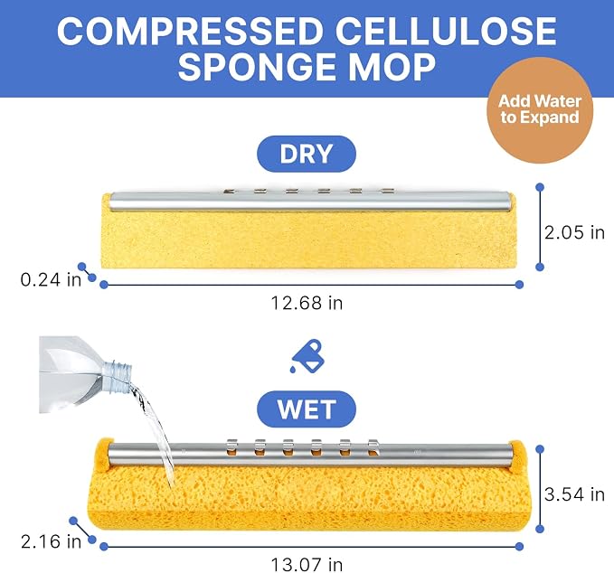Commercial Sponge Mop for Floor Cleaning with 2 Compressed Cellulose Replacement Heads, Heavy Duty Industrial Mops for Hardwood Tile Laminate Marble, for Office Workshop Warehouse Garage Home Kitchen