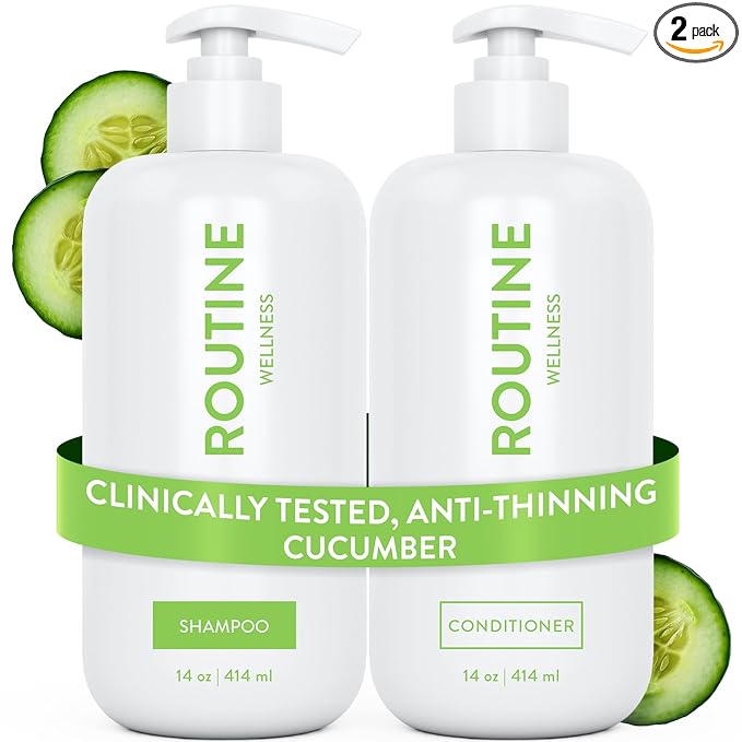 Routine Wellness Anti-Thinning Shampoo and Conditioner Set for Thinning Hair - Biotin DHT Blocker Women & Men - Color Safe Shampoo for Hair Loss & Healthier Hair - Cucumber Set