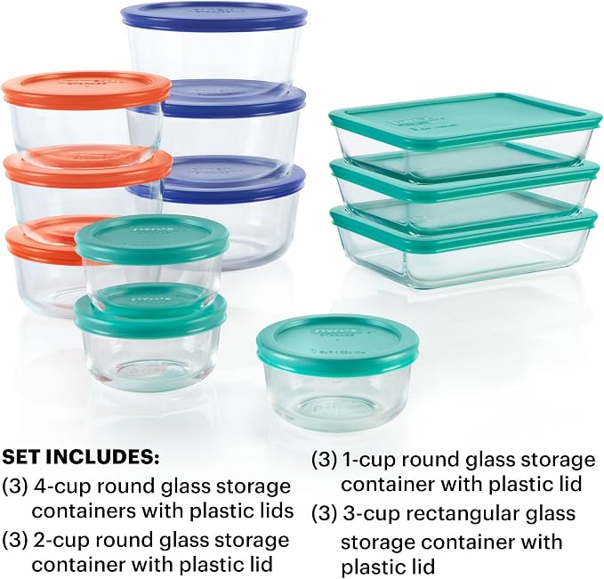 Pyrex Simply Store (12-Pack) Glass Food Storage Containers Set | Meal prep containers (1, 2 & 3 cup) with BPA-free plastic lids, microwave & dishwasher safe