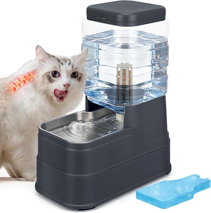 1.6 Gallon Pet Automatic Dog Water Dispenser Cat Gravity Waterer Feeder with Stainless Steel Bowl 8L Large Capacity Puppy Feeding Raised Bowls with Filter,Ice Pack (Charcoal Gray, 6L(1.6 Gallon))