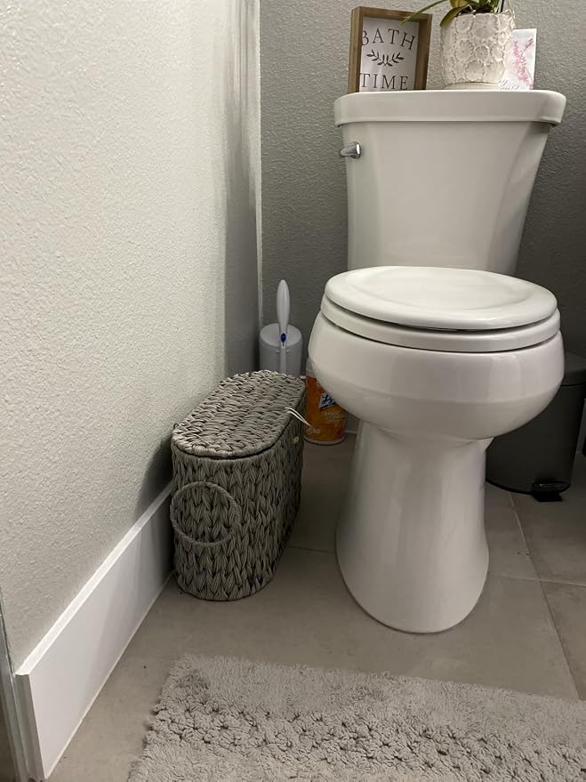 Coeusy Toilet Paper Storage Basket with Lid,Wicker Toilet Paper Holder Stand,Narrow Decorative Woven Bathroom Basket Organizer,Free Standing Grey