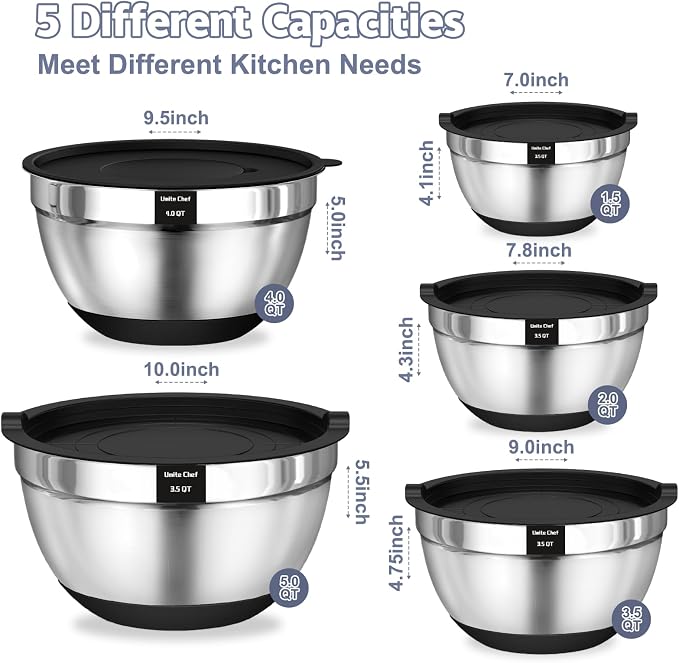 Umite Chef Mixing Bowls with Airtight Lids, 8PCS Stainless Steel Nesting Mixing Bowls Set, 3 Grater Attachments & Non-Slip Bottoms, Black Kitchen Bowls, Size 5, 4, 3.5, 2, 1.5QT for Baking & Serving