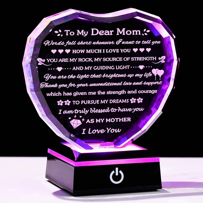 Arikyrist Gifts for Mom with Colorful LED Base Moms Birthday Gifts from Daughter Son to My Mom Gift Crystal Heart Keepsake Best Mother Presents Idea for Christmas Mother's Day Valentine