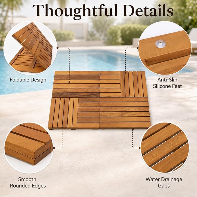 Foldable Teak Shower Mat, 36 x 20 Inch Large Teak Wood Bath Mat with Non-Slip Pads, Wooden Shower Mat for Bathroom, Indoor Outdoor Wood Shower Mat with Cleaning Brush and Cloth