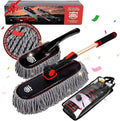 Car Duster Exterior with Extendable Handle, Scratch Free Auto Wash Brush Mop, Interior Detailing Kit for Truck RV Boat - Microfiber Duster & Interior Brush, Grey