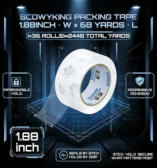 Clear Packing Tape Refills Heavy Duty,36 Pack,2.7 Mil,1.88"×68 Yd | Total 2448 Yards,Compatible with Standard Tape Dispenser,Quiet Unwind,Easy Start,for Shipping Packaging Moving Sealing,Bulk