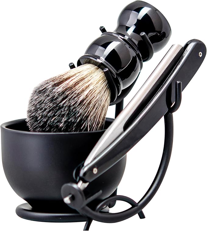 Grandslam Shaving Straight Razor Kit, Steel Cutthroat Straight Razor With Leather Strop, Shaving Brush, Stainless Steel Shaving Bowl and Stand, Shaving Soap, Gift for Men, Black…