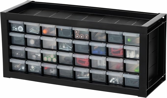 IRIS USA 32-Drawer Tool Organizer, Made in USA, Teacher Toolbox, Small Parts Plastic Storage Drawers for Screws, Hardware, Bead, Diamond Arts, Stackable Garage Storage Cabinet, Black