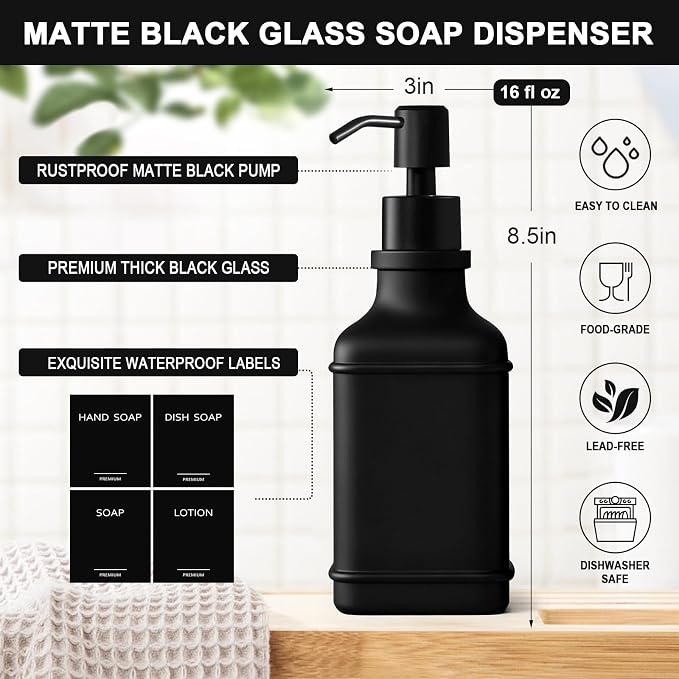 Modern Kitchen Soap Dispenser Set with Wood Tray, Black Glass Soap Dispenser with Pump, Decorative Hand and Dish Soap Dispenser Set, Soap and Lotion Dispenser Upgrade for Kitchen and Bathroom Decor
