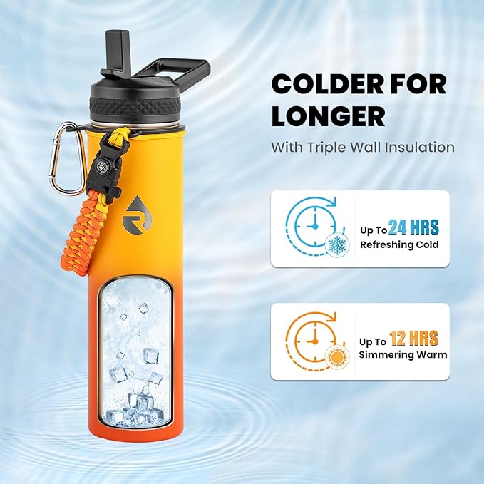 RAYMYLO Insulated Water Bottle 24 oz, Triple Wall Vacuum Stainless Steel (Cold for 24Hrs, Hot for 12Hrs), Leak Proof & Non-BPA, Modern Water Flask Jug with Paracord Handle & Straw Spout Lids
