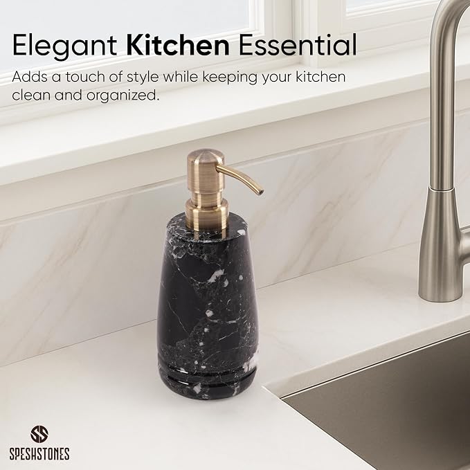 Marble Soap Dispenser 7.5'' Black Dish Soap Dispenser with Stainless Steel Pump, Refillable Liquid Hand Soap Dispenser with 8.5 Oz Capacity for Kitchen Sink and Bathroom Countertop