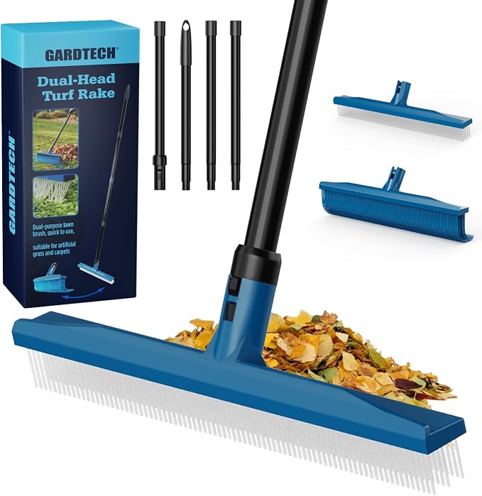 Gardtech 2-in-1 Artificial Turf Rake Brush Broom for Grass Blue | 4-Row Curved & 3-Row Straight Head, Quick-Change, Long Handle