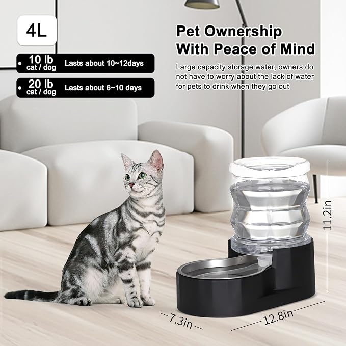 RIZZARI 4L Gravity Cat Water Dispenser:Spill Resistant for Apartments | No Filter Required/Leak-Resistant Design/Easy to Refill,Easy to Clean/Stable Anti-Tip Base/Food-Grade Materials