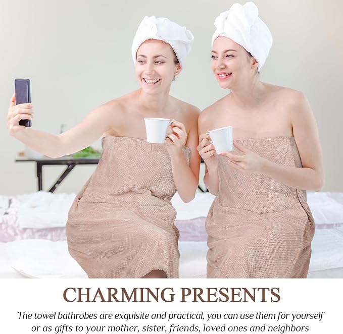 4 Pcs Towel Wrap for Women Waffle Spa Robe with Adjustable Closure Elastic Top Lightweight Wraps for Bath Shower