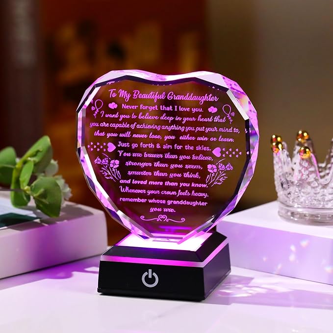 Arikyrist Gifts for Granddaughter Mothers Day Granddaughter Gifts from Grandma - Crystal Heart Plaque with LED Base Meaningful Granddaughter Presents on Birthday Graduation Wedding Christmas