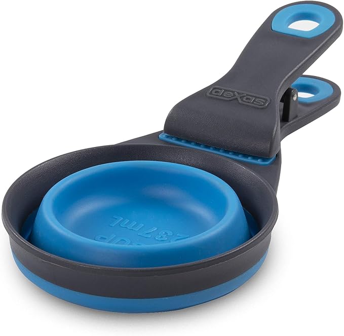 Dexas Pets Collapsible KlipScoop Collapsible Dry Dog Food Scoop and Dog Food Bag Clip, 1 Cup Capacity, Pro Blue (Pack of 2)