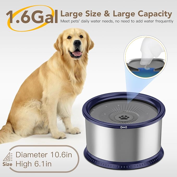 6.5L Stainless Steel Dog Water Bowl, No Spill Water Bowl for Dogs | Large Capacity, Slow Drinking Feeder, Splash Proof, With Anti-Slip Mat, Dishwasher Safe, Sturdy, Suitable for Mess Drinkers
