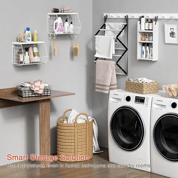 Goozii Wall Mount Bathroom Storage Basket, Fruit Produce and Vegetable Baskets for Kitchen Counter, Hanging Wire Storage Basket for Laundry Room Bedroom Closet Pantry Boys Girls Room (White)