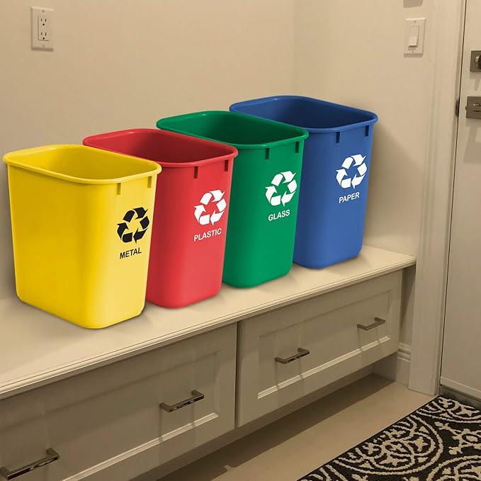Acrimet Wastebasket Bin for Recycling, 6.75 Gallon/ 27 Quart/ 25.552 Liter (Made of Plastic) (Metal/Yellow, Paper/Blue, Glass/Green, Plastic/Red) (Set of 4)