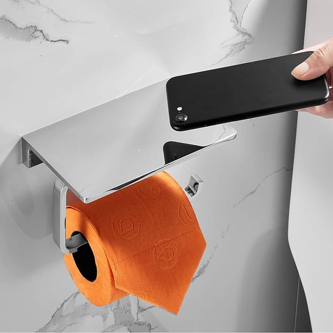 Toilet Roll Paper Holder for Bathroom Solid Brass and Superior Hotel Style Tissue Roll Holder with Cell Phone Storage Polished Chrome Finished