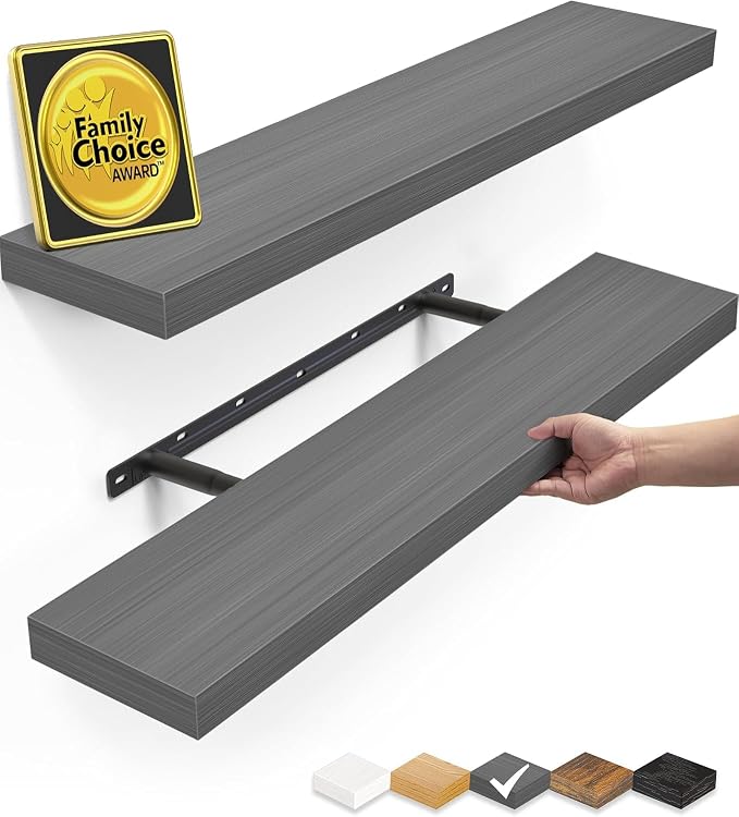 BAYKA Floating Shelves Grey, 22.5 inch Rustic Wood Wall Mounted Shelves for Bathroom, Bedroom, Living Room, Kitchen, Hanging Shelf for Books/Storage/Decor (Gray,Set of 2)
