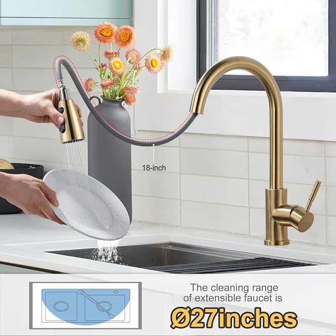 WOWOW Brushed Gold Kitchen Faucet With Sprayer, Stainless Steel High Arc Single Handle Sink Faucet for 1 or 3 Hole, Luxurious Gold Utility RV Kitchen Tap