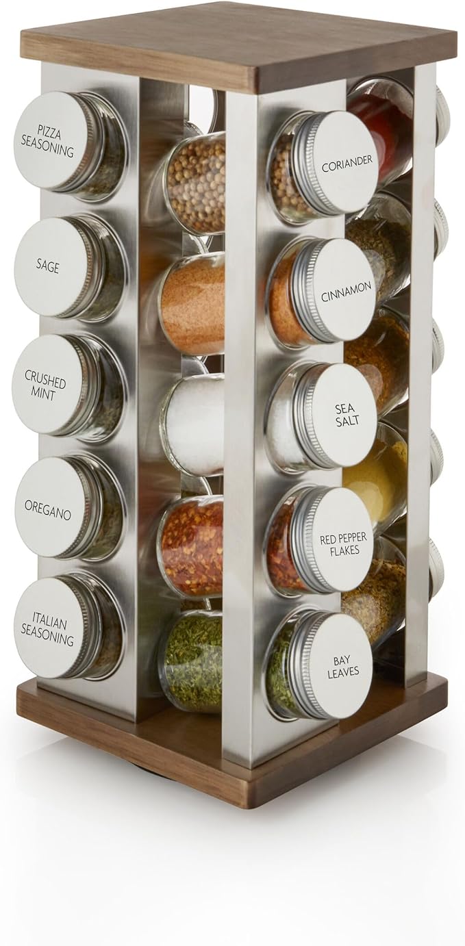 Kamenstein 20 Jar Vintage Revolving Countertop Spice Rack Organizer with Spices Included, FREE Spice Refills for 5 Years, Wood and Stainless Steel with Metal Caps