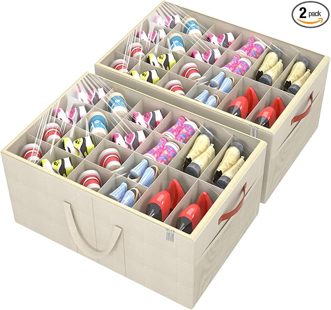 Aokeyee 2 Pack Shoe Organizer for Closet, Large Shoe Storage Box, Beige | Fits up to 48 Pairs, Stackable, Space Saving, Foldable, Shoes Organizer Bin with Clear Cover, 4 Reinforced Handles