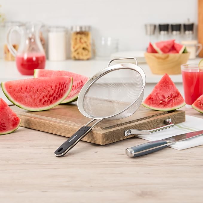 Restaurantware Fine Mesh Strainer 1 Count 14.4" x 7" x 2.9" with Silicone Handle Stainless Steel Extra Fine Mesh Strainer Heat-Resistant Handle Dishwasher-Safe for Rice, Quinoa, Pasta