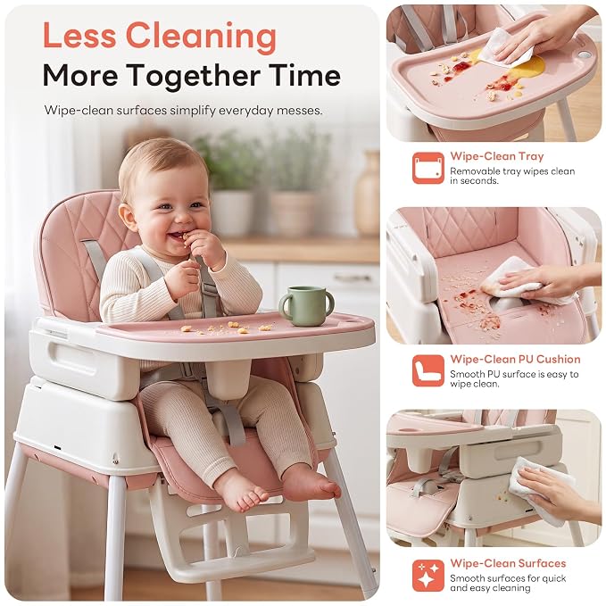 High Chair for Babies and Toddlers, 3-in-1 Convertible Baby High Chair, Built-in Leg Storage, Compact Pack-Away Design, Baby Eating Feeding Chair, Silla De Comer para Bebe, Pink