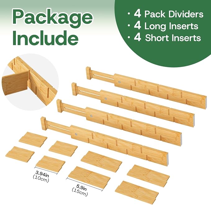 kiplant Kitchen Drawer Dividers - Adjustable Drawer Organizer for Clothes, Kitchen, Closet & Office - 4 Pack with Inserts, 18-22.6 Inches, Non-Slip Silicone Ends