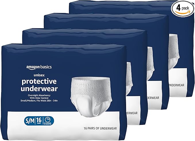 Amazon Basics Unisex Protective Overnight Incontinence Underwear with Odor Protection, Small/Medium, 64 Count (4 Packs of 16)