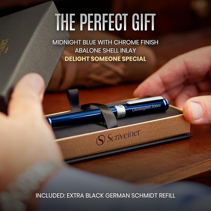 Scriveiner Personalized Midnight Blue Rollerball Pen - Stunning Blue Lacquer Luxury Pen, Chrome Finish, Schmidt Ink Refill, Best Engraved Roller Ball Gift Set for Men & Women, Custom Name Engraving